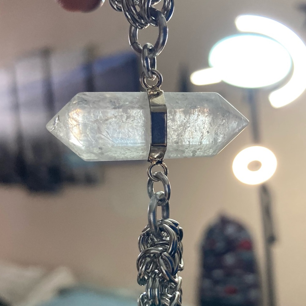 Genuine Double point clear crystal quartz maille silver boho choker necklace . - Picture 6 of 11